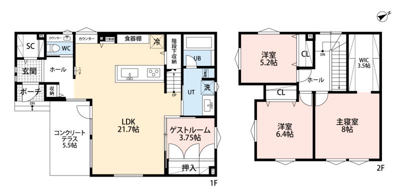 4LDK、34坪の間取図