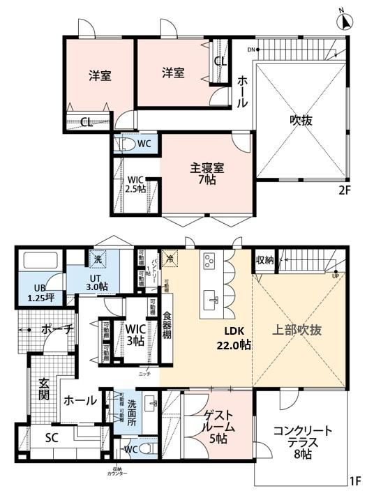 間取図：開放的なLDK、回遊性ある家事動線、収納計画などがこの家の魅力
