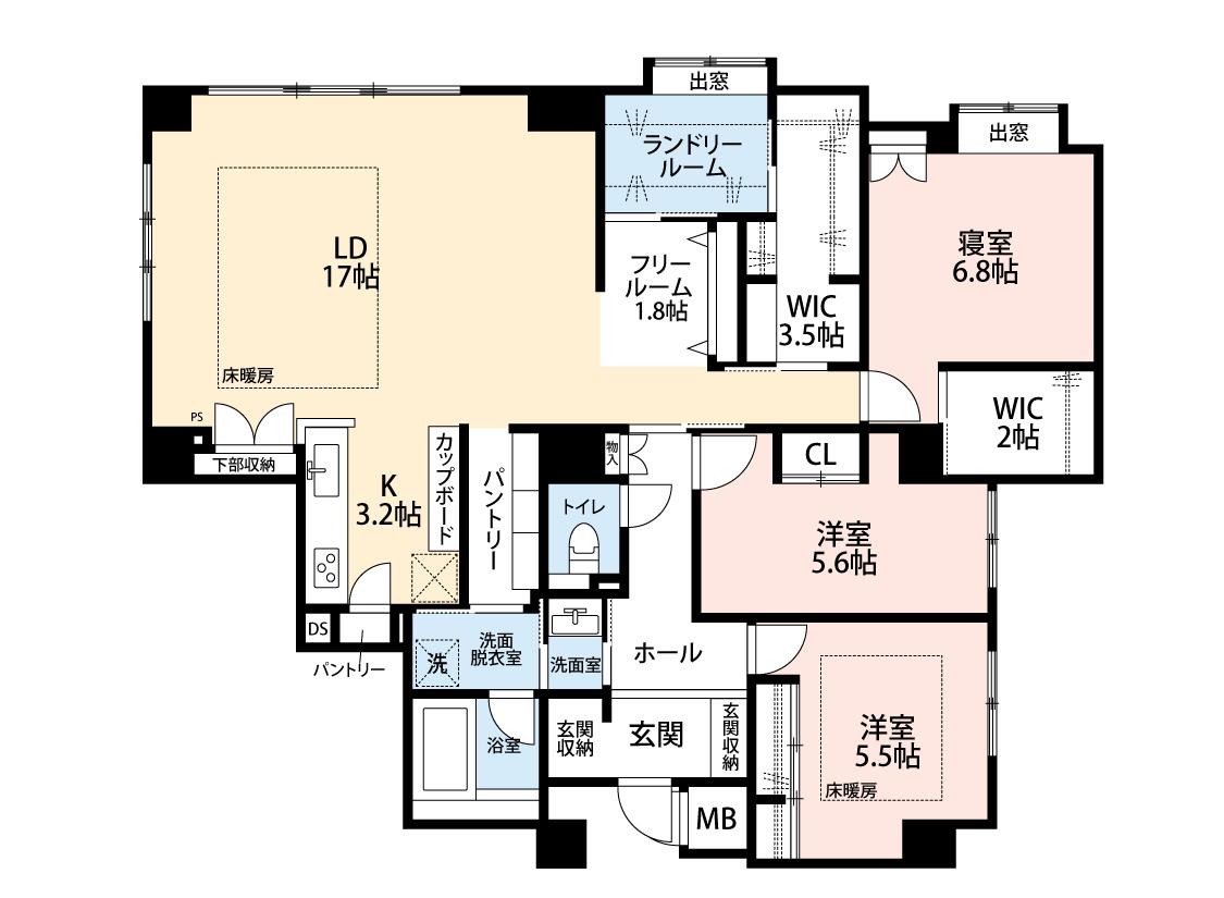 間取図：キッチンの位置やランドリールームなど、間取変更も実施