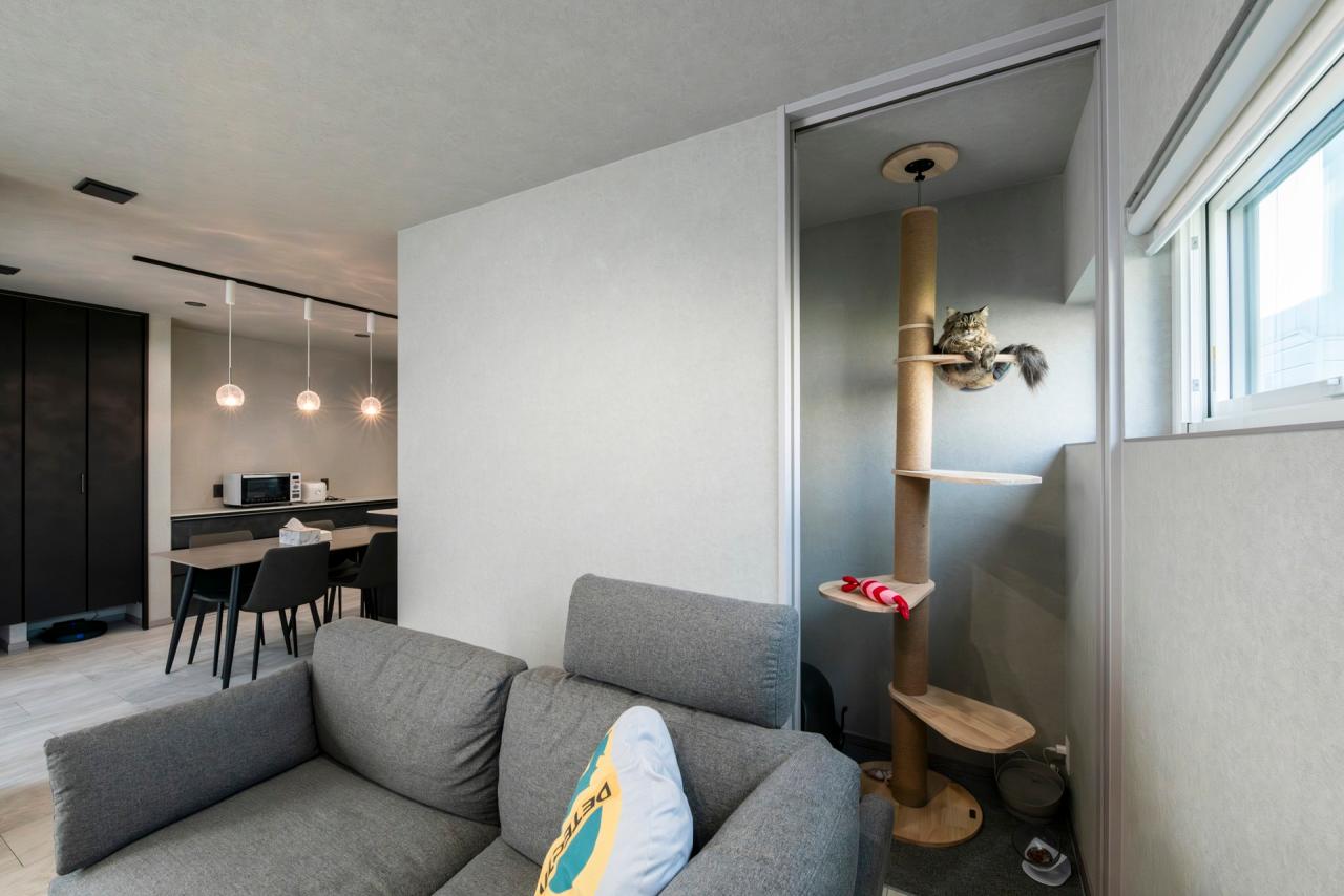 リビングの一角にはキャットタワースペースを設け愛猫と共にリラックス