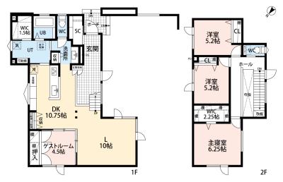 間取図：回遊式動線やファミリークローゼットなど生活動線も効率化されたプラン