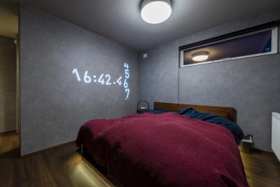 寝室、照明：プロジェクター一体型の照明を採用した主寝室