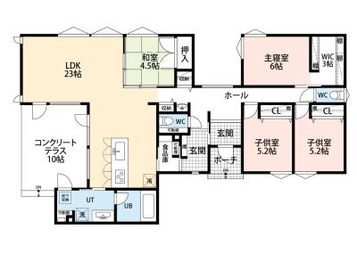 間取図：玄関を中心にLDKと居室を分けた平屋のプラン